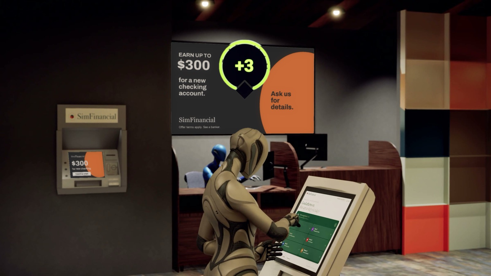Render of the ATM corner with the $300 offer on the ATM screen and the wall screen, and a synth using a kiosk