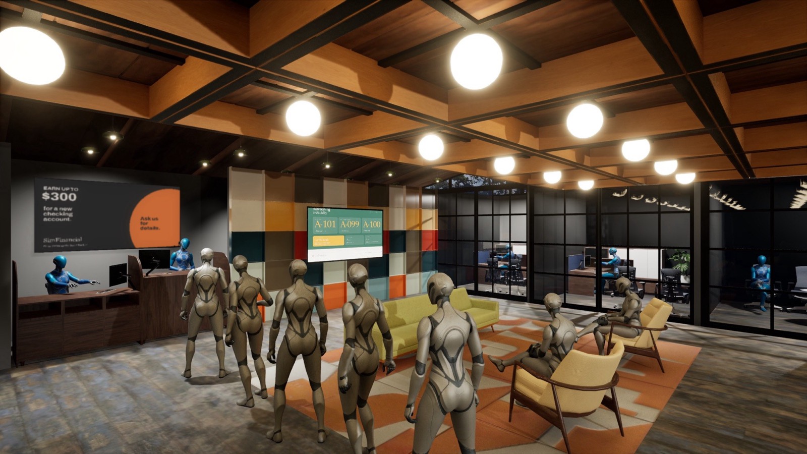 Render of a busy branch with synths waiting in the lounge, the offer above the teller line, and a line screen