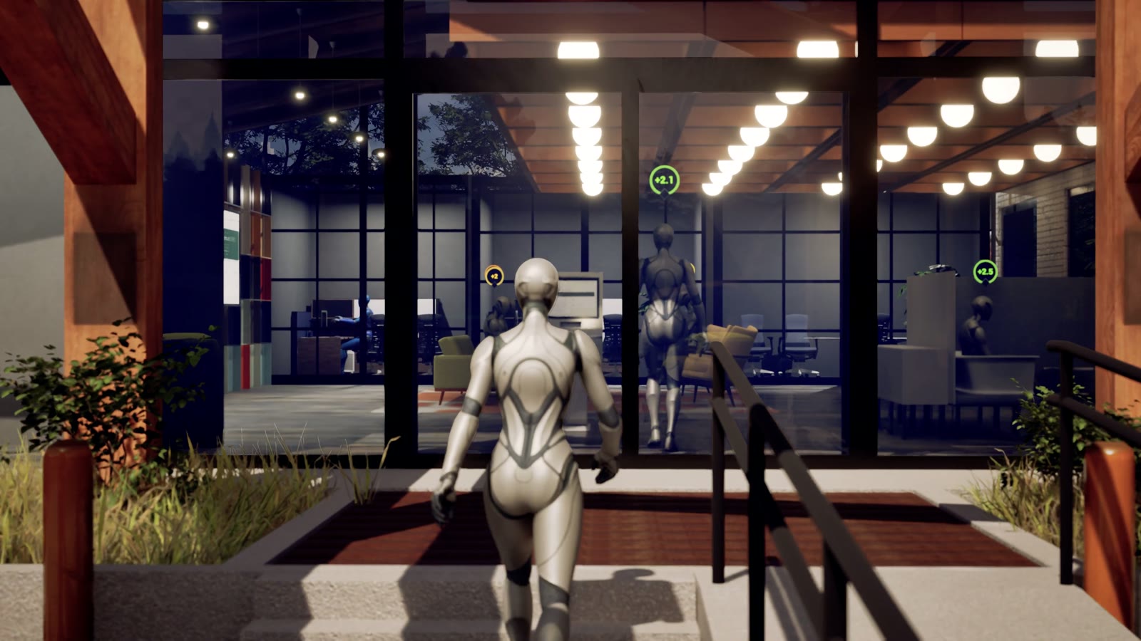 A synth seen from behind, walking up the steps to the glass doors of the SimFinancial branch