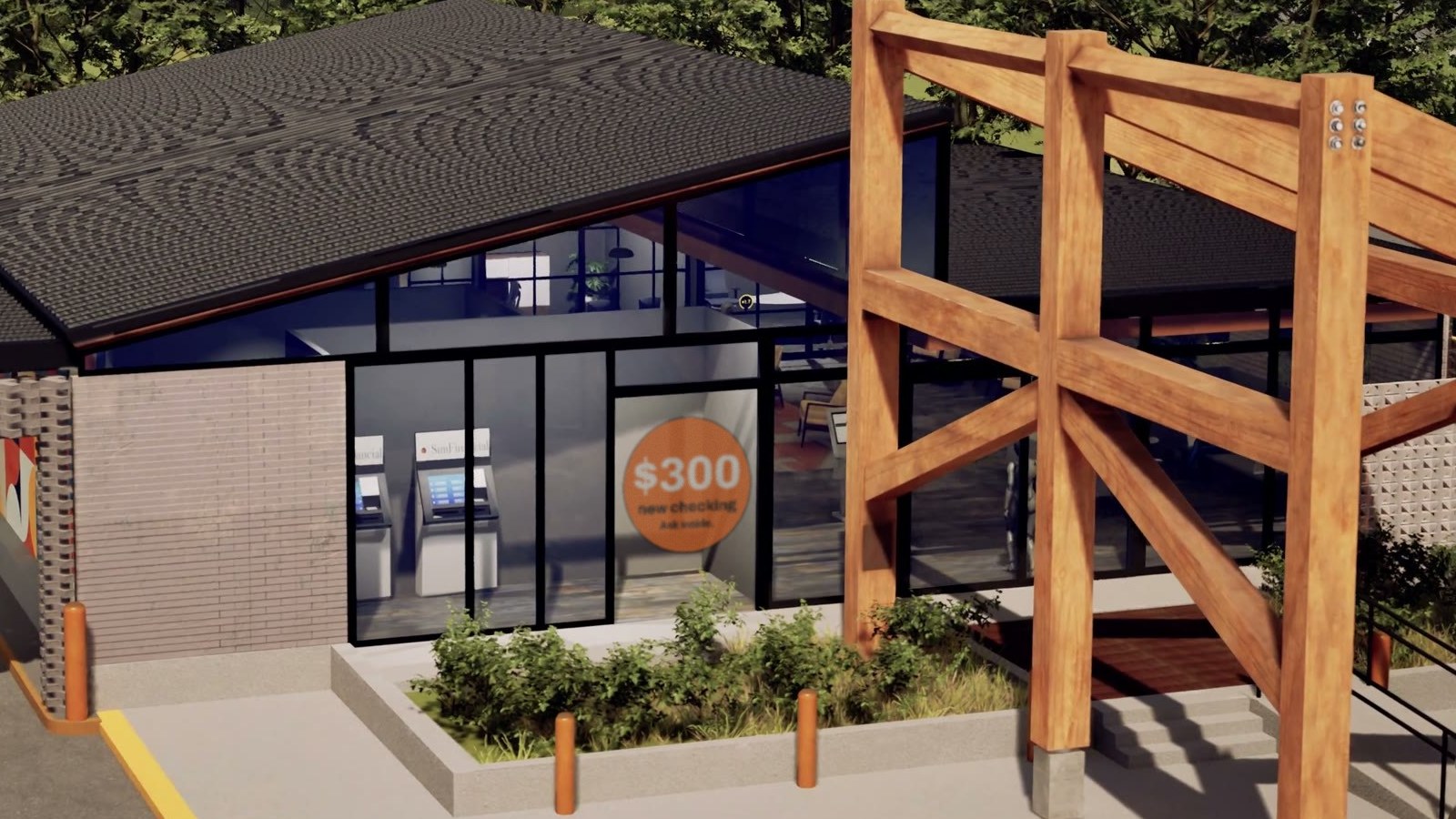 Render of the SimFinancial branch exterior with an orange $300 offer on the front glass
