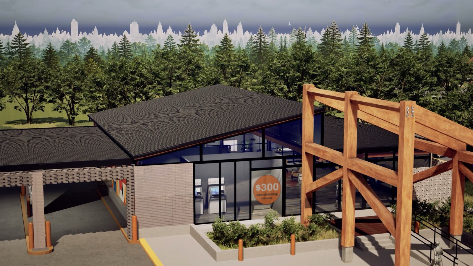 Render of the SimFinancial branch with the covered drive-through on the left and the orange $300 offer on the front glass