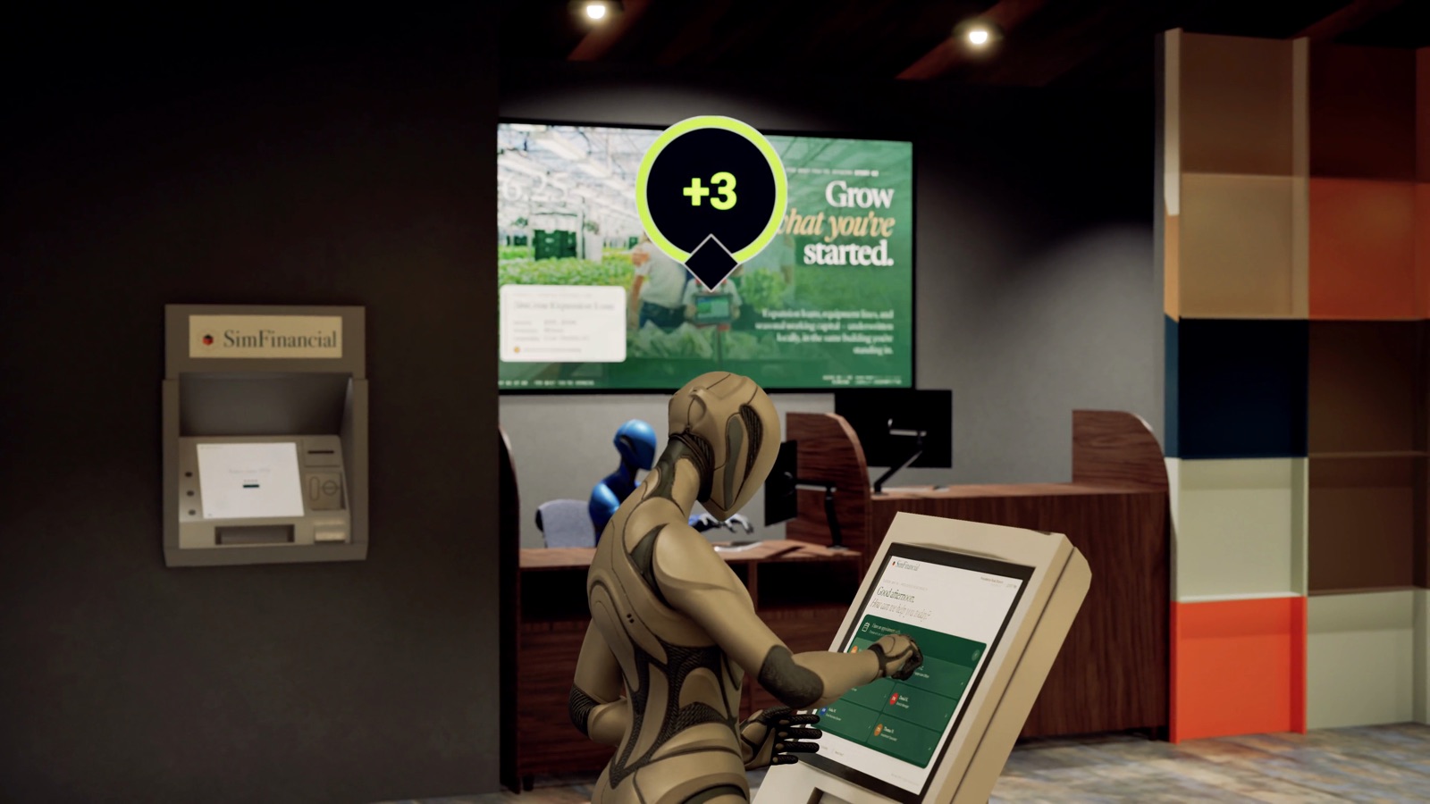 Render of the same corner before the change, showing an unrelated message on the wall screen