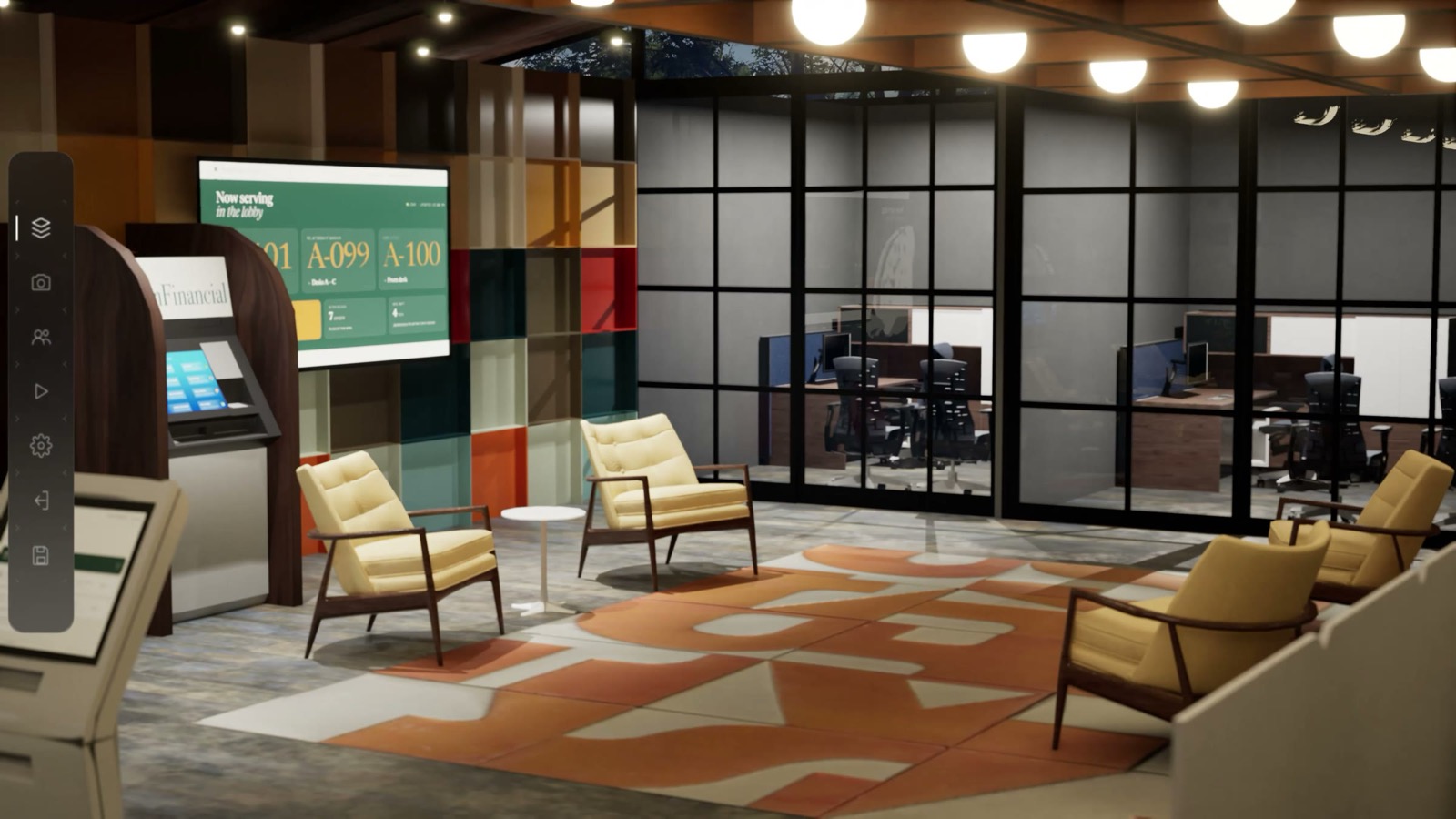 Render of the lobby with seating, a line screen, and glass-fronted offices