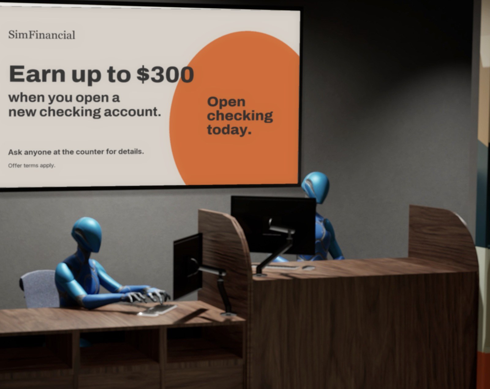 Render of the teller desk with two staff and the offer on the screen behind them
