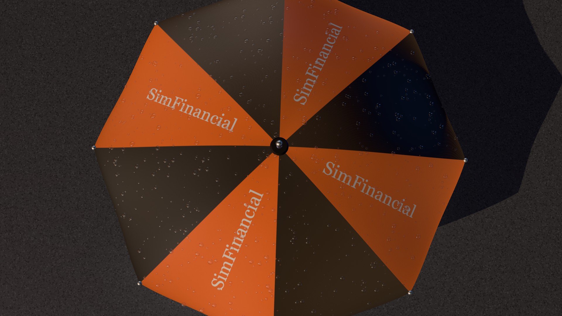 Overhead view of an open SimFinancial umbrella with orange and dark gray panels and raindrops on the fabric
